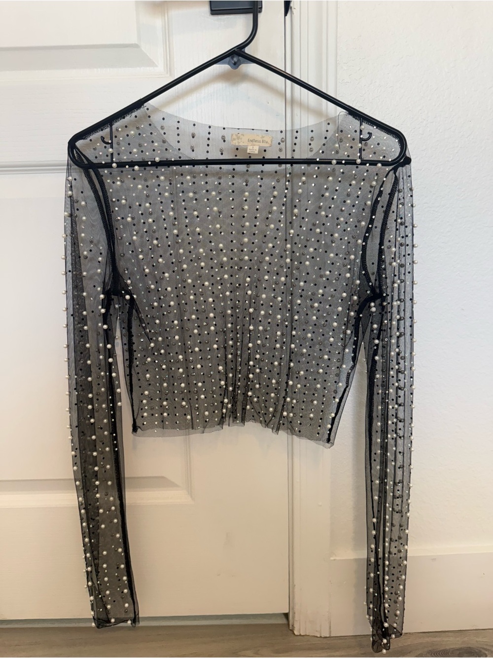 Black Pearl-Embellished Sheer Long-Sleeve Crop Top